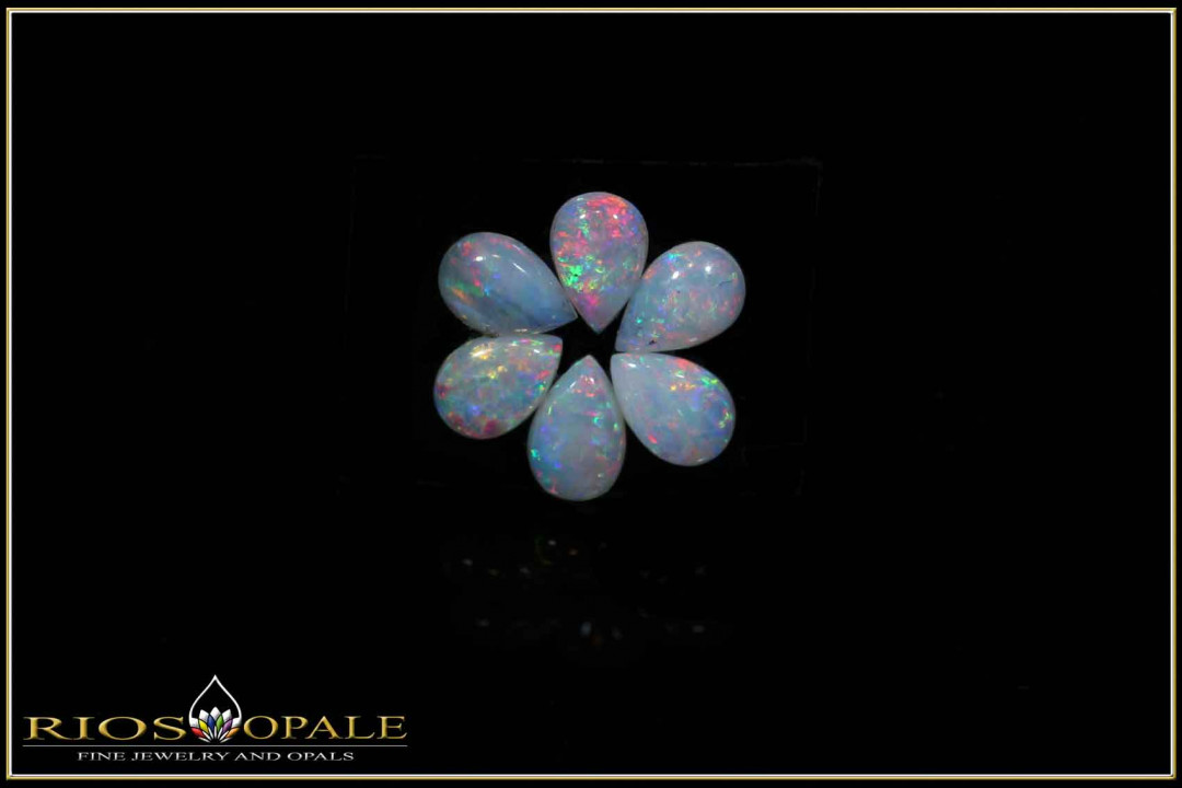 6 Stück bunte Coober Pedy Vollopal Cabochon Tropfen - kalibriert - 1,55ct